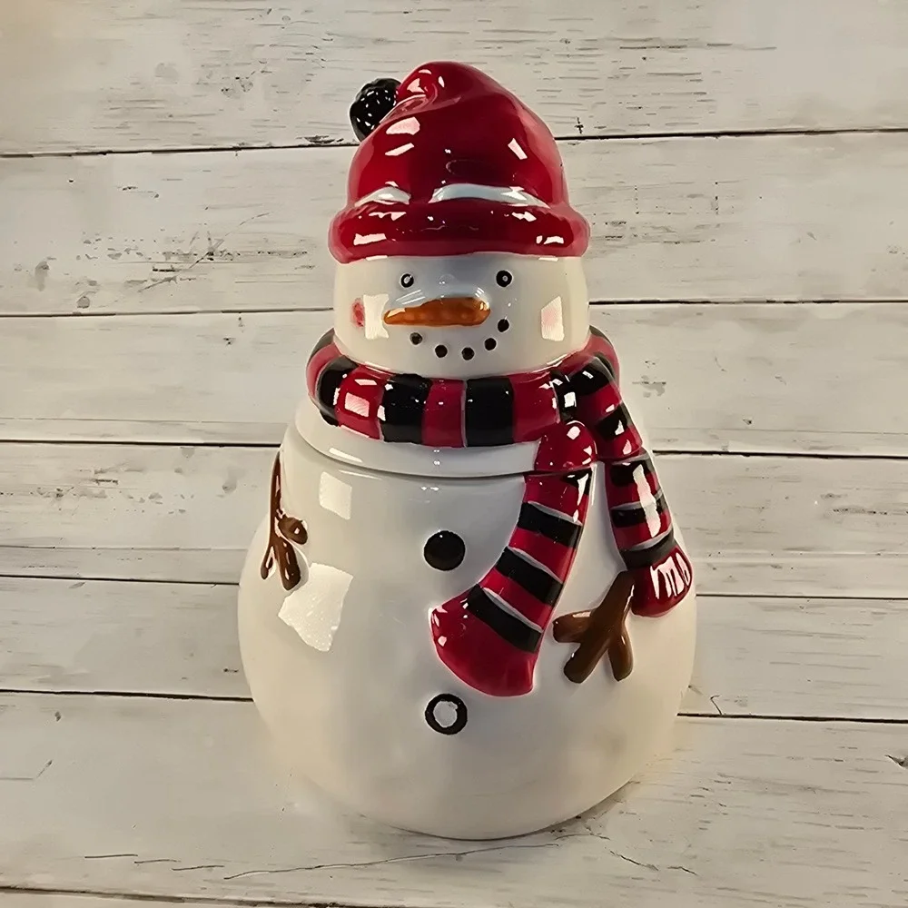 Pier 1 Imports Snowman Cookie Jar Hand Painted Dolomite Red Black Scarf 9.5in